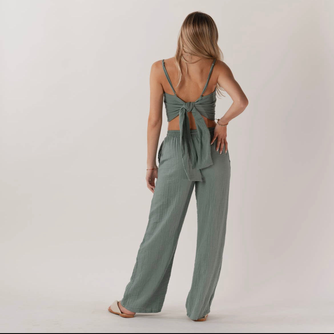 Sage Wide Leg Cotton Drawstring Pants With Pockets