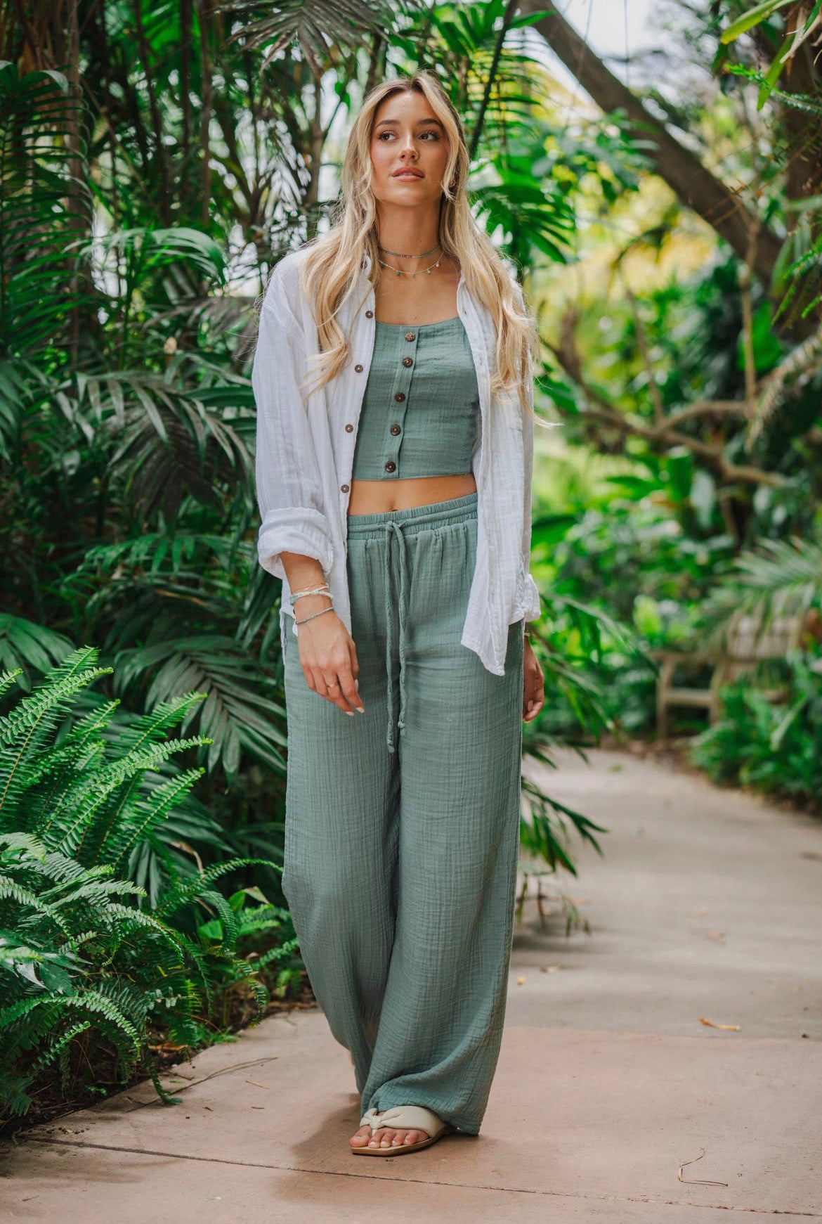 Sage Wide Leg Cotton Drawstring Pants With Pockets