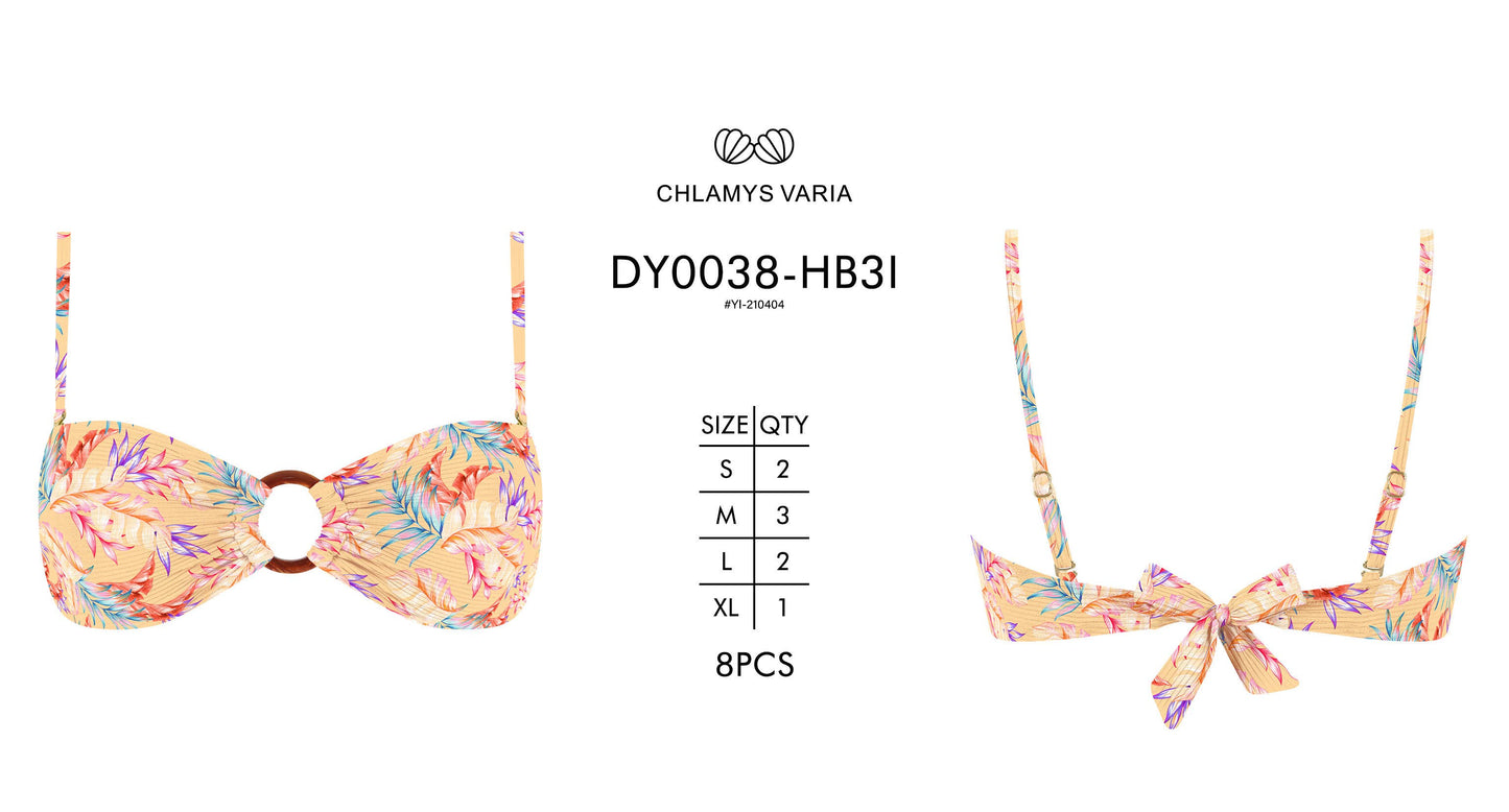 MrMiss - Ribbed Bandeau Bikini Top - Amber Palm frond Print