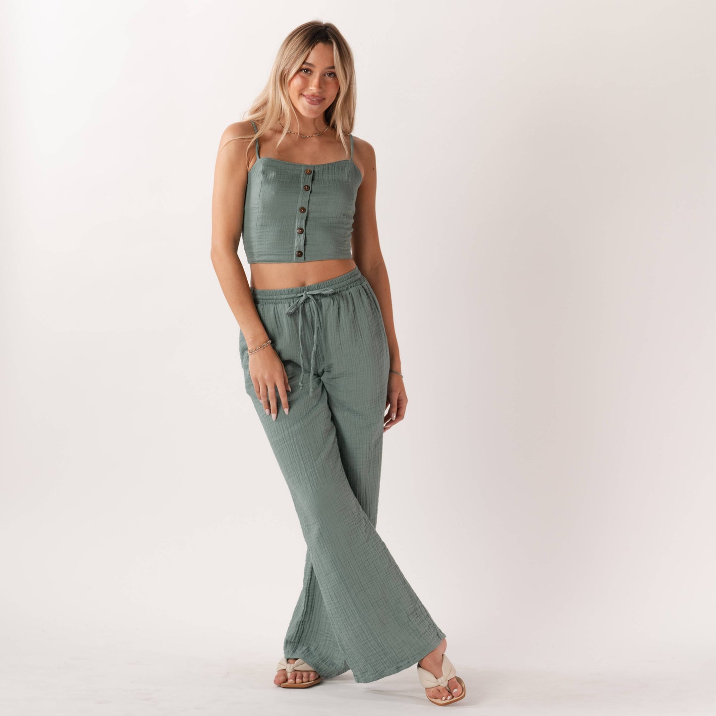 Sage Wide Leg Cotton Drawstring Pants With Pockets