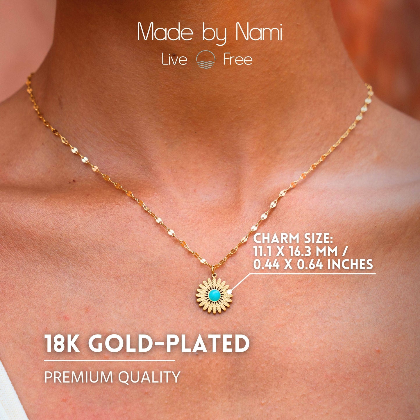 Made By Nami - Golden sunflower necklace with turquoise stone